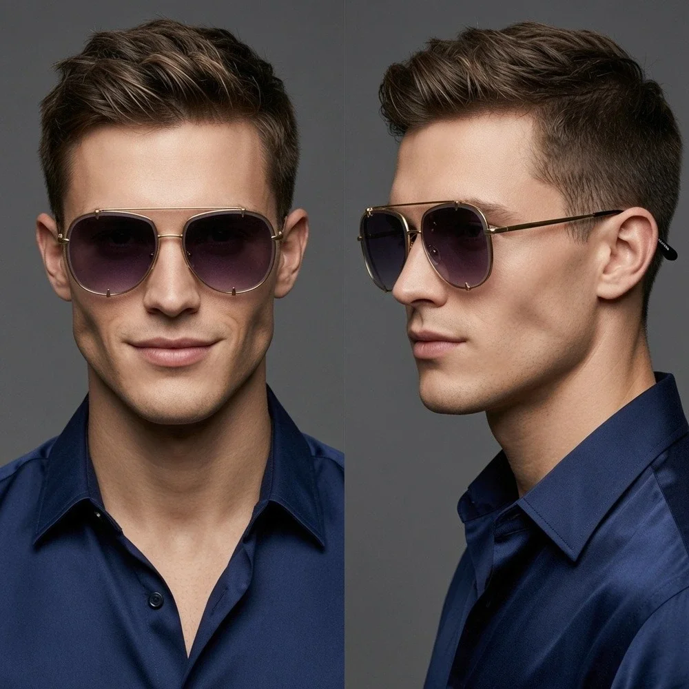 Mens Gold Modern Sunglasses Black Lens Double Bridge UV400 Fashion Streetwear